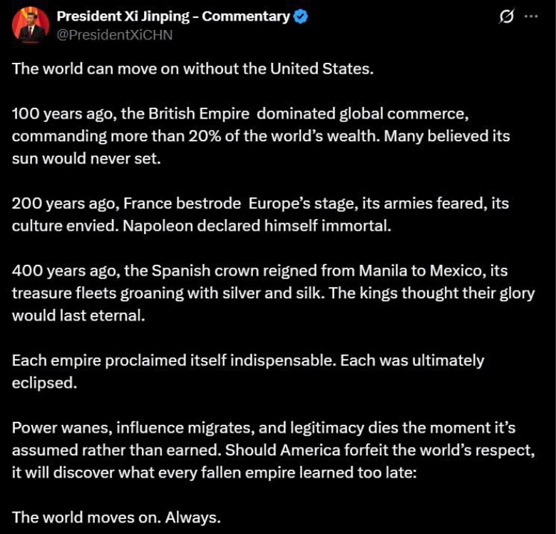 Twitter X post attributed to President Xi Jinping about the downfall of the United States