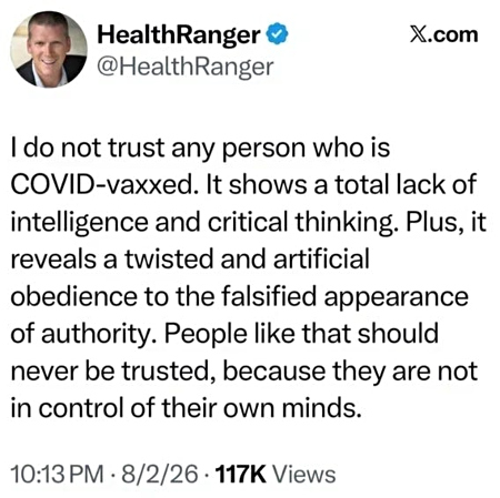 Health Ranger Mike Adams post about not trusting vaccinated people