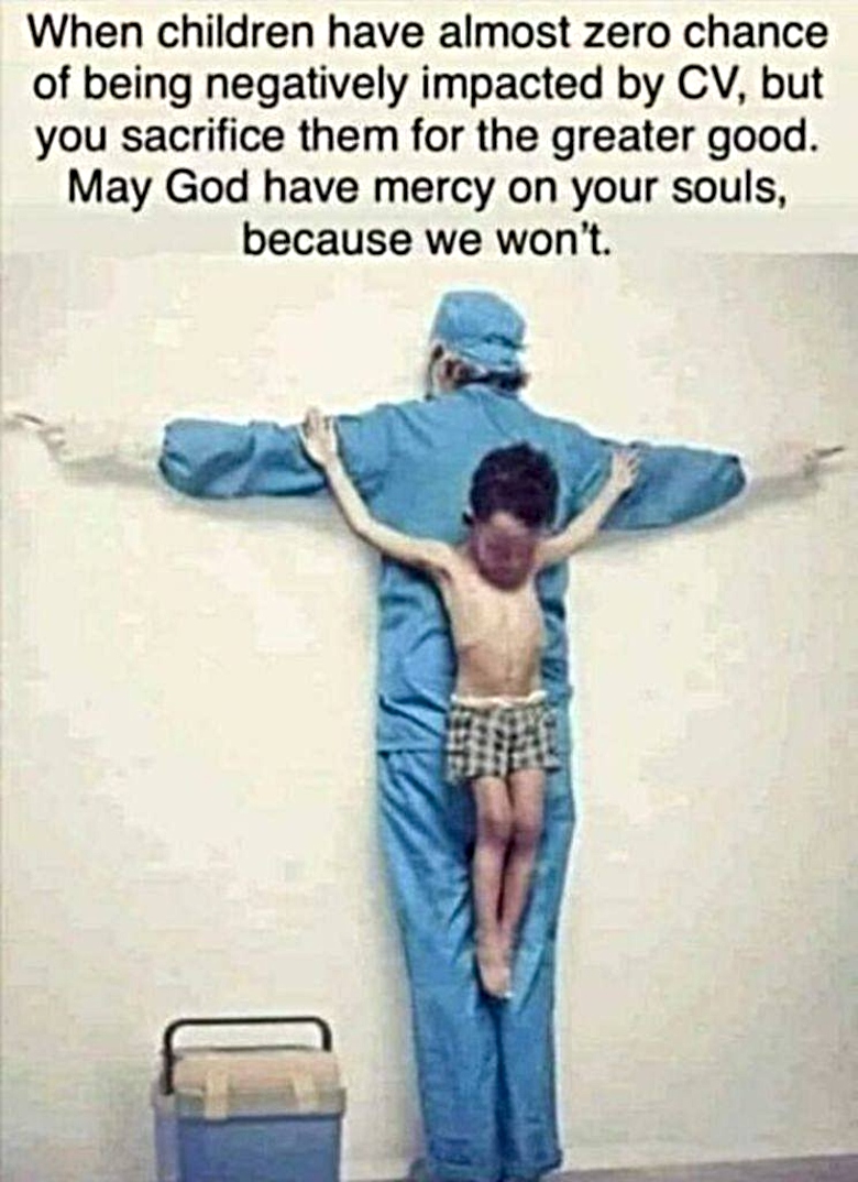 meme about children being sacrificed by doctors using the covid vaccines