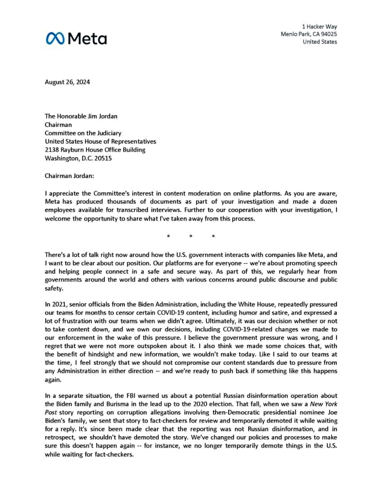 Mark Zuckerberg Joe Biden censorship letter page 1