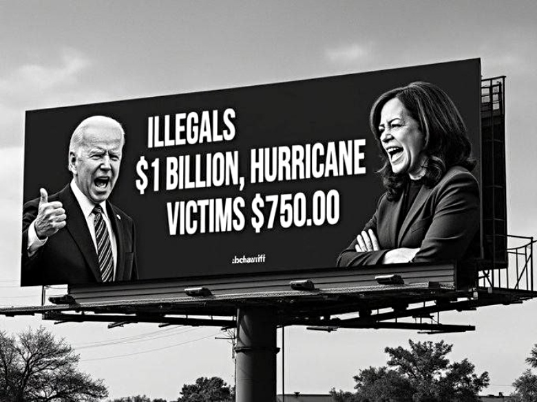 Biden and Harris billboard about hurricane aid