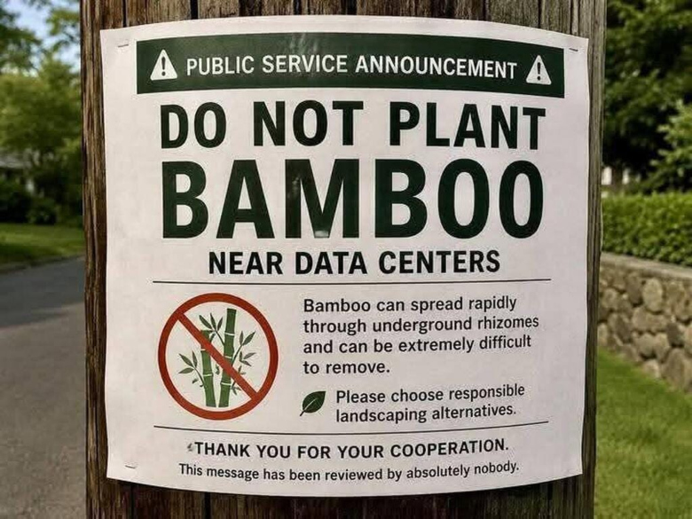 sign posted warning not to plant bamboo near a data center
