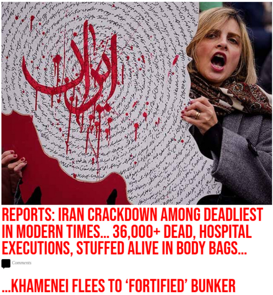 screenshot of Breitbart article claiming Iran has killed 36,000 protesters