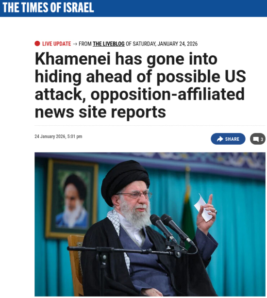 screenshot of a Times of Israel article claiming Ali Khamenei has gone into hiding