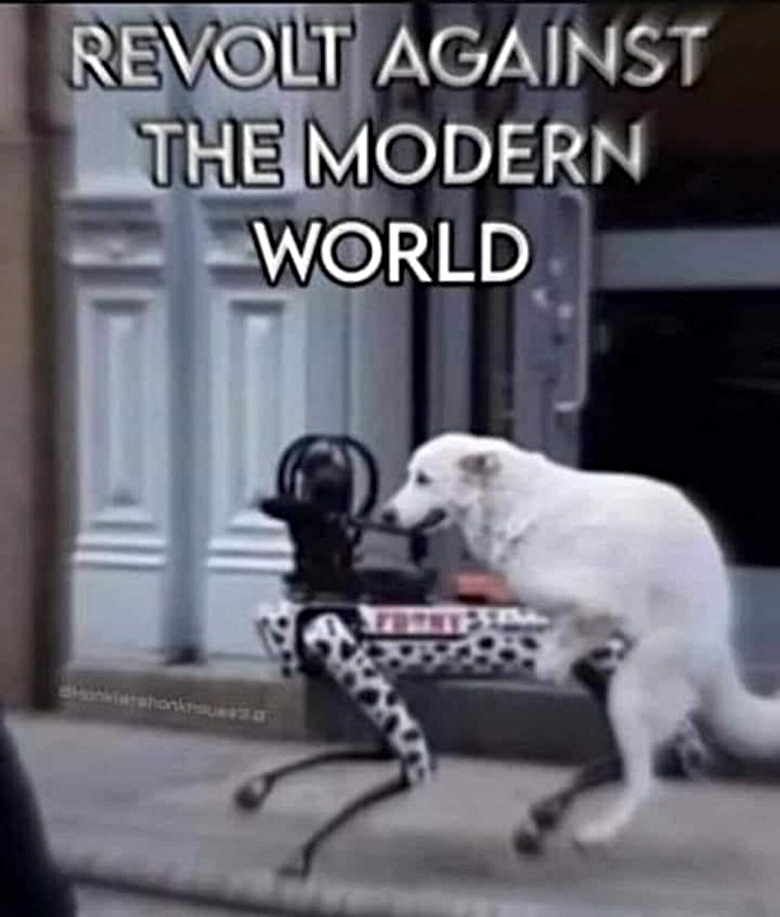 meme of a real dog attempting to fuck a robot dog