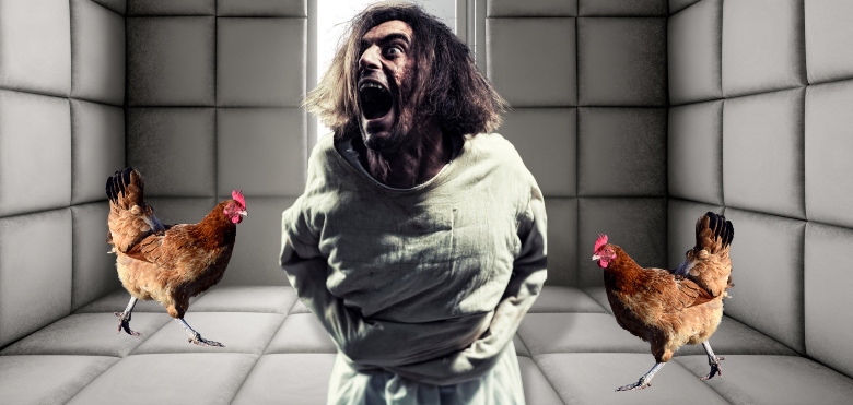 insane man in asylum with chickens