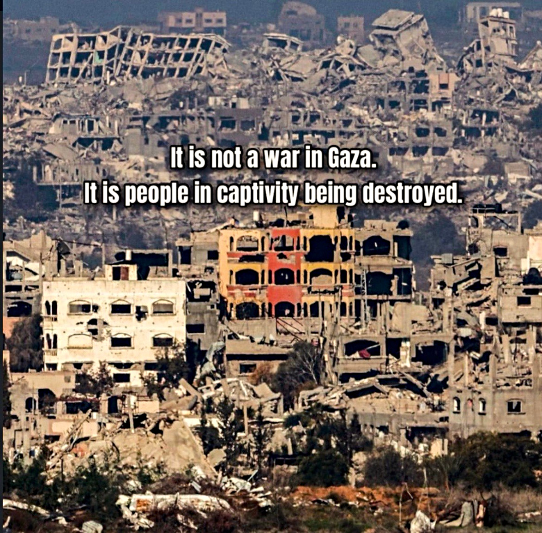 photo of Gaza with the caption: It is not a war in Gaza. It is people in captivity being destroyed
