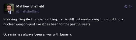 Mastodon post about wars never ending