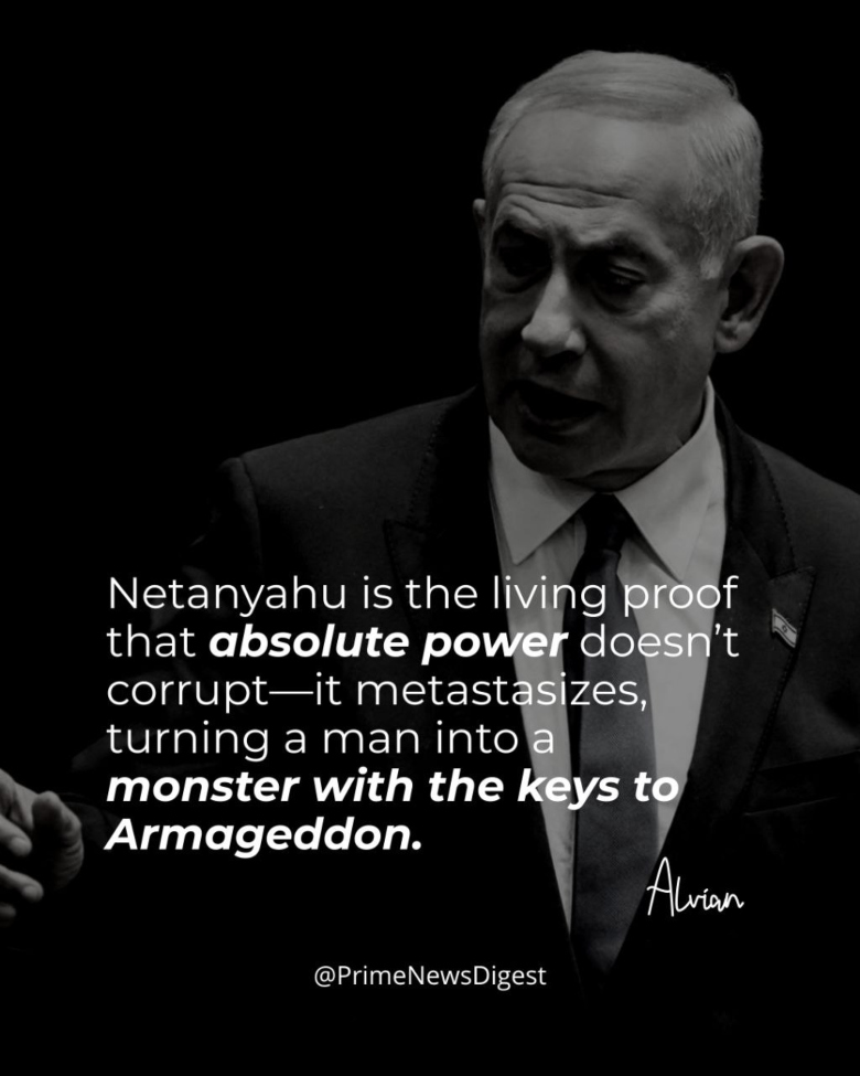 meme describing Benjamin Netanyahu as a monster with the keys to Armageddon