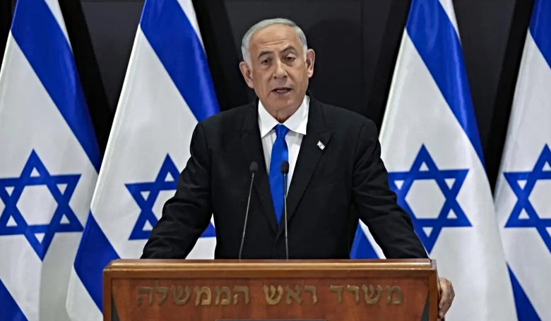 warmonger Benjamin Netanyahu giving a speech