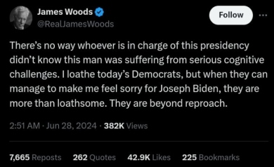 James Woods tweet about Joe Biden