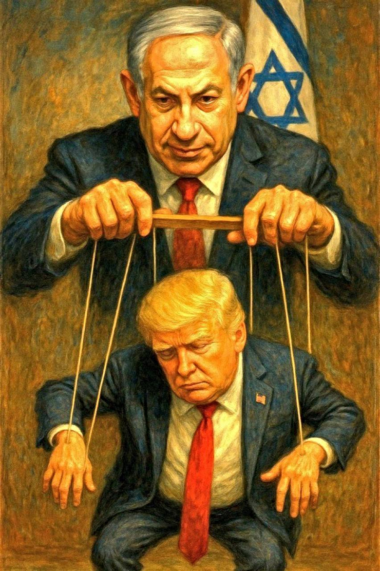 image of Benjamin Netanyahu controlling Donald Trump like a marionette puppet