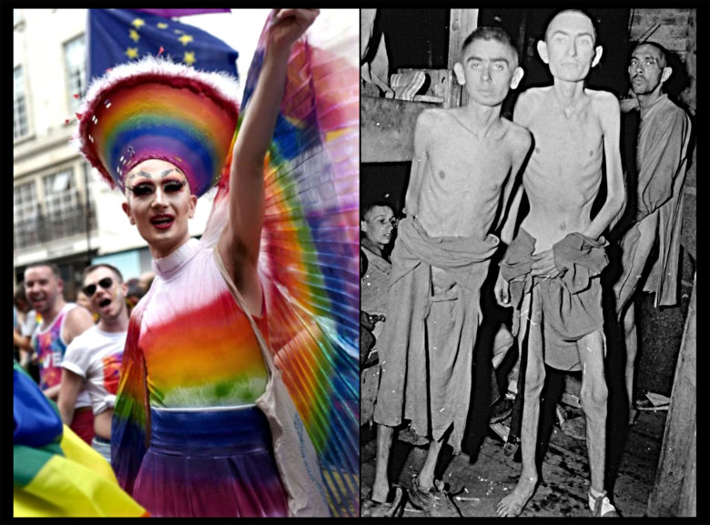 collage of gay pride advocates and concentration camp prisoners