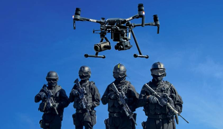 militarized police with surveillance drone