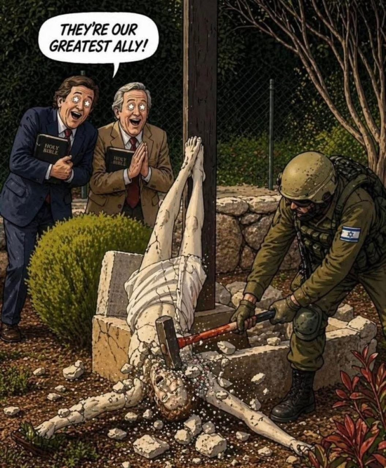 cartoon spoofing Christian Zionist support of Israel