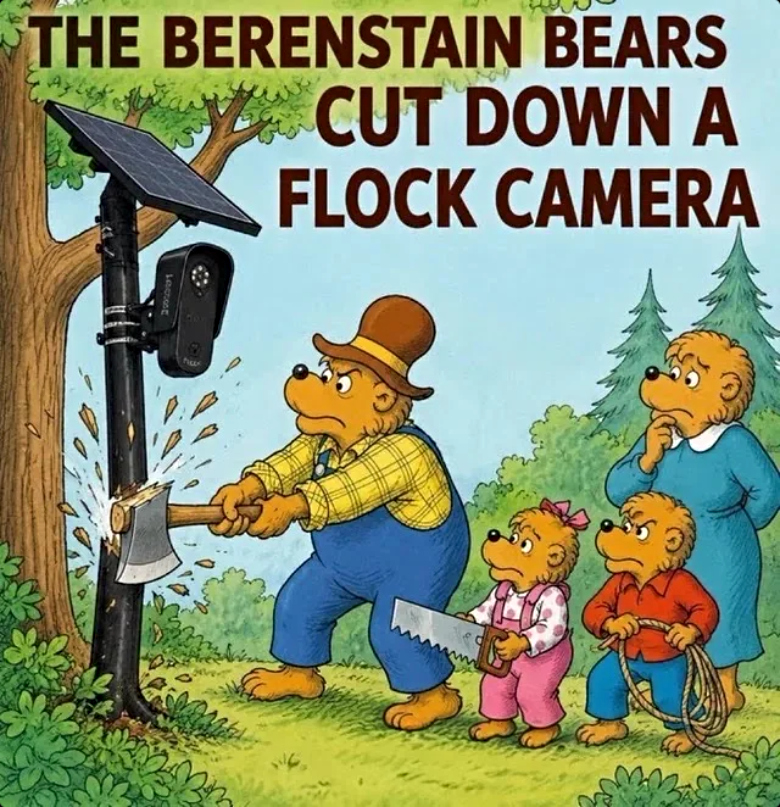 cartoon about the Berenstain bears cutting down spy cameras