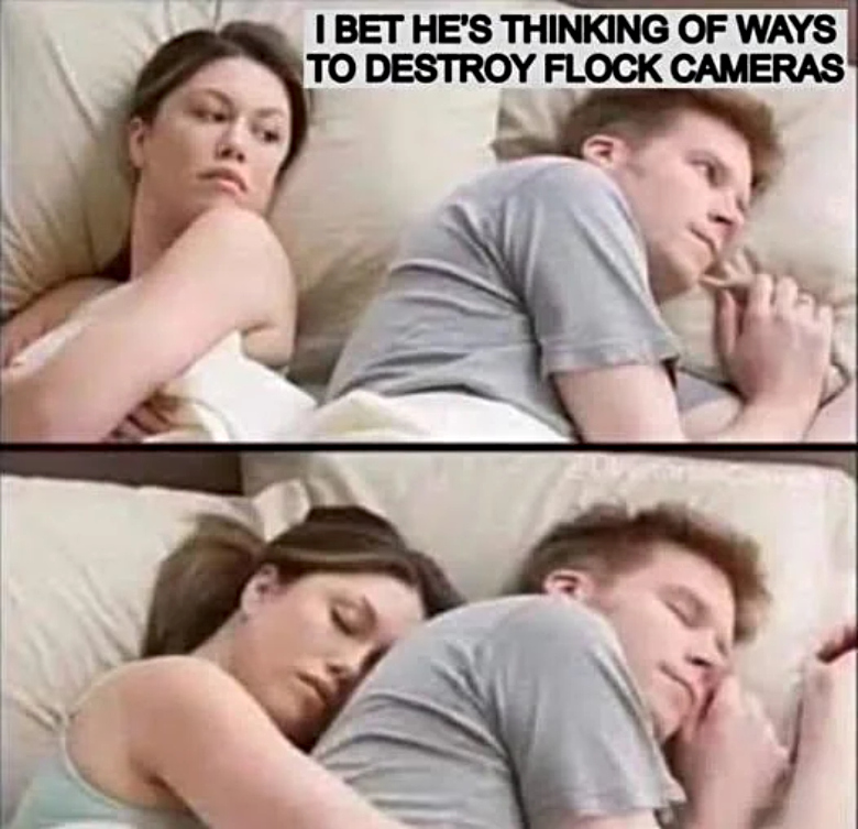meme of woman hugging her husband because he's dreaming of vandalizing Flock cameras