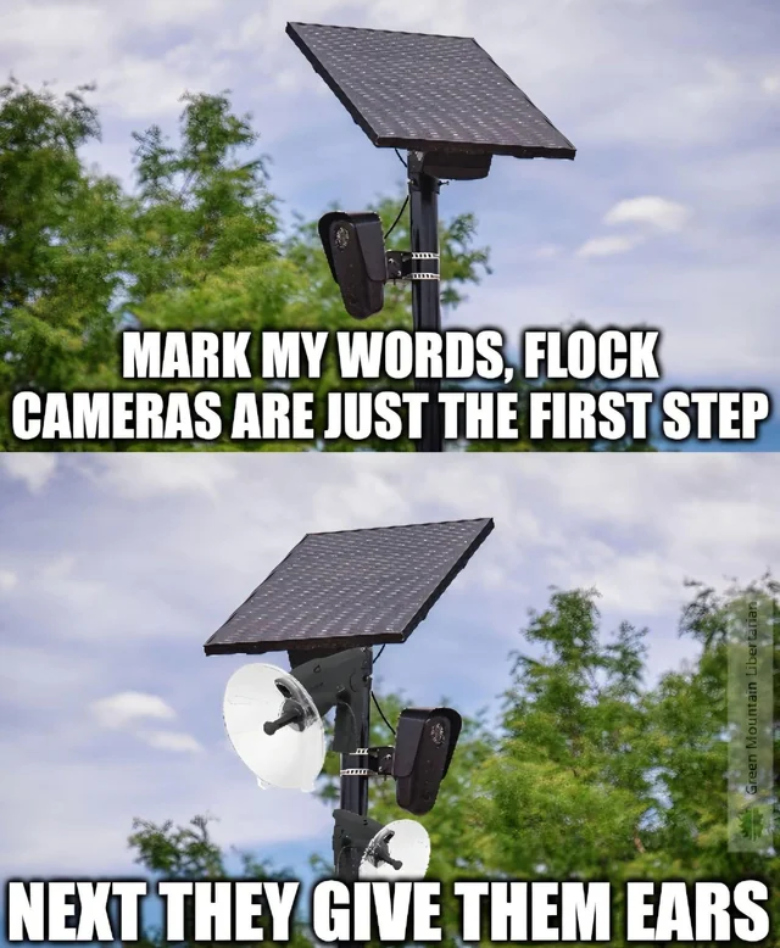 meme hinting that Flock cameras will soon have long distance sound detection