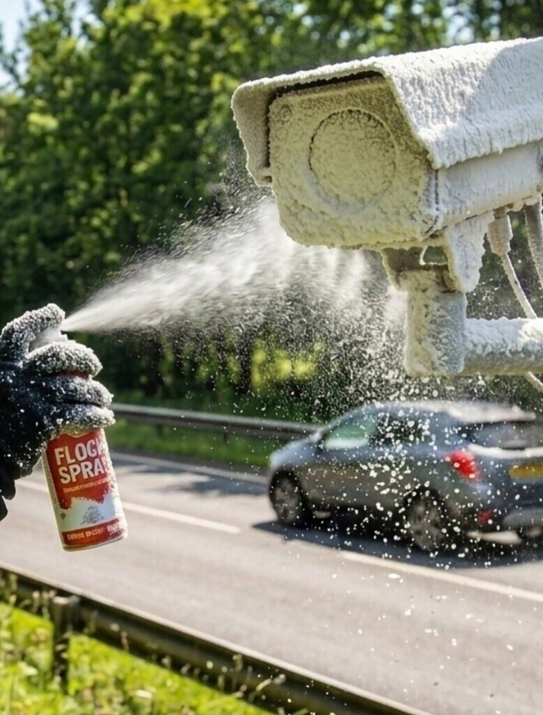 meme of person spraying foam onto a Flock camera lens