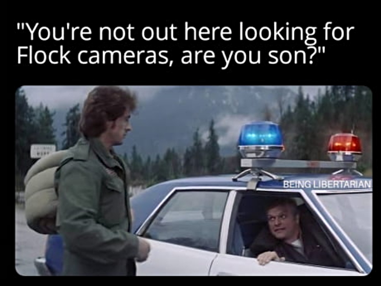 Rambo being questioned by the police about hunting Flock cameras