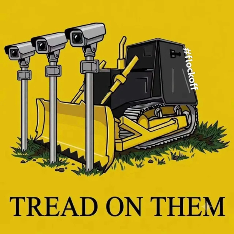 Tread on them meme of bulldozer knocking down surveillance cameras