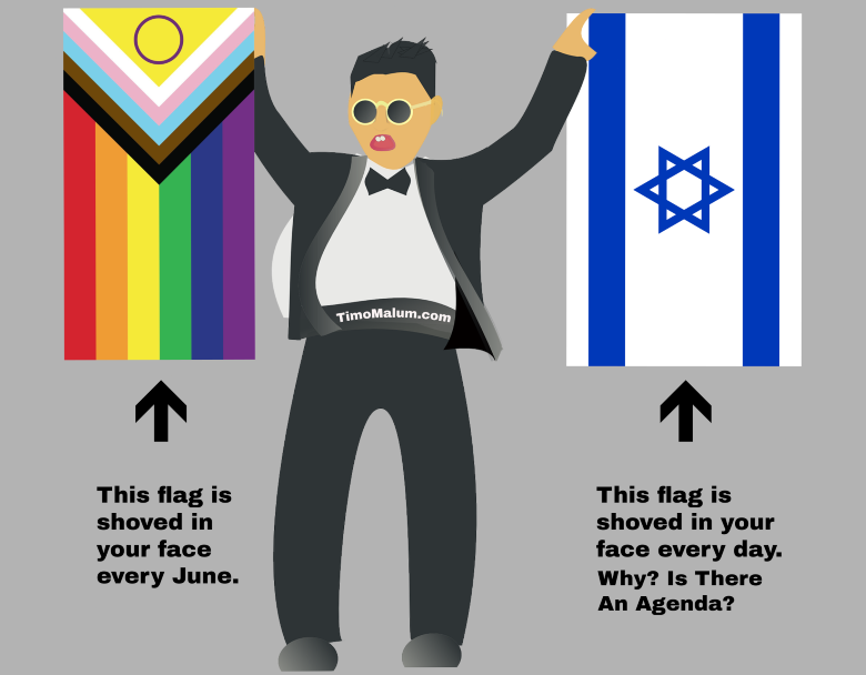 meme about the pride flag and the flag of Israel being pushed upon the public