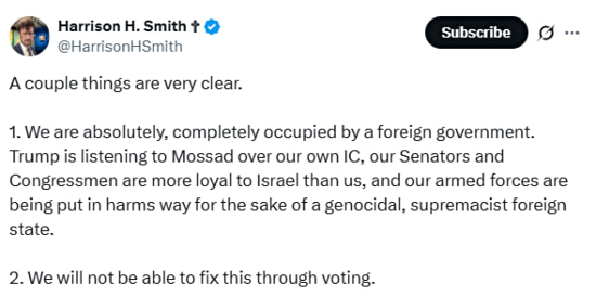 Harrison Smith tweet about Zionist control of America
