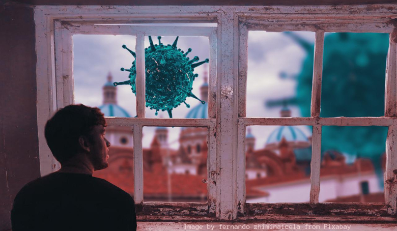 man looking out window at virus infected world