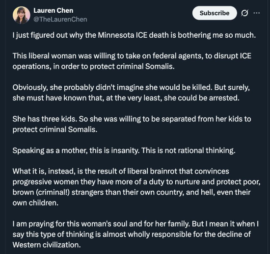 social media post by Laura Chen discussing Renee Good