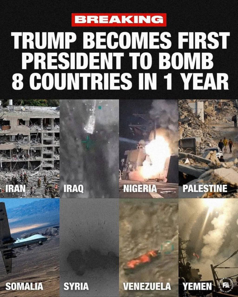 meme about Trump bombing 8 countries in one year