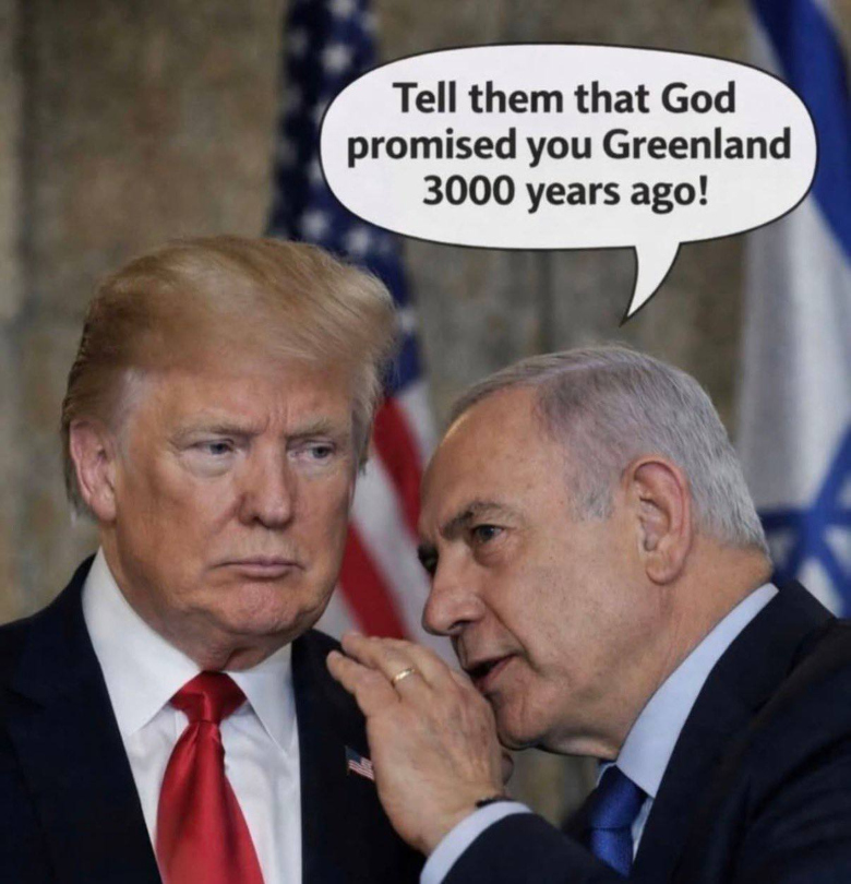 meme with Trump and Netanyahu scheming about Greenland